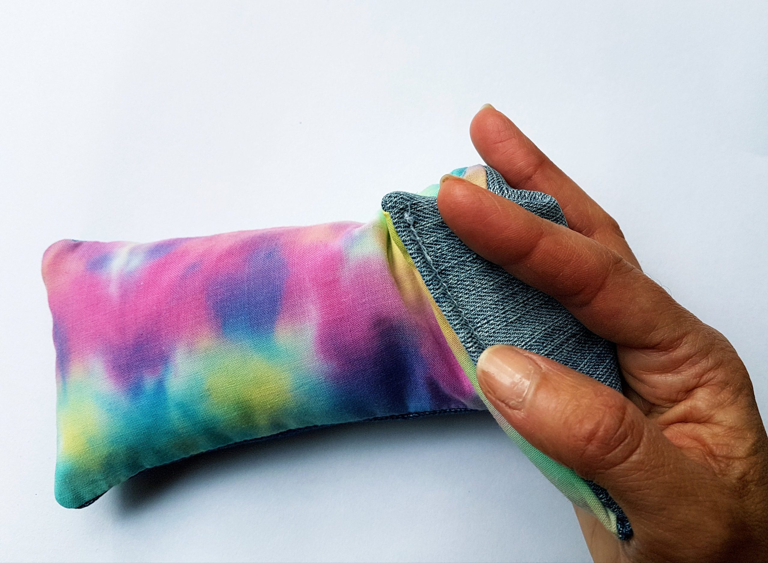 Eco friendly wheat bag made with upcycled fabric 'Rainbow Tie Dye' - Image 2