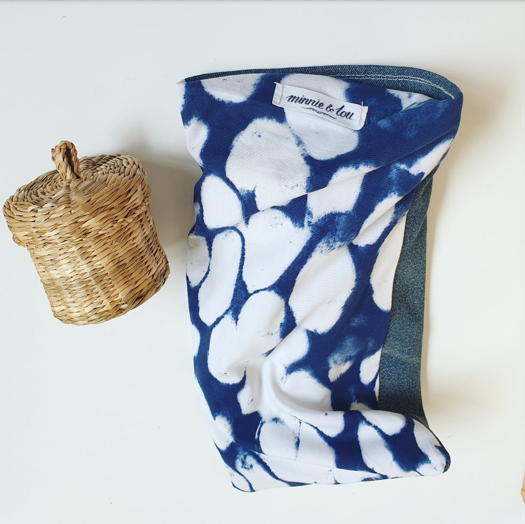Eco friendly wheat bag made with upcycled fabric - Indigo & white Print